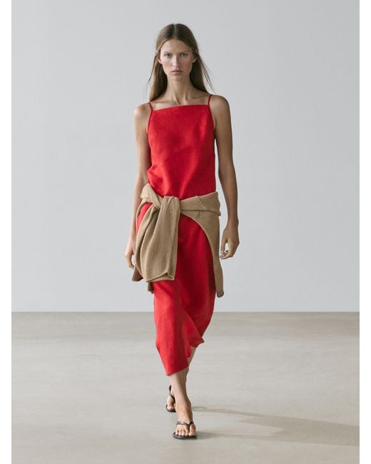 MASSIMO DUTTI Red Linen Straight Neckline Midi Dress