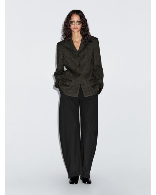 MASSIMO DUTTI Black Herringbone Wool Blend Blazer