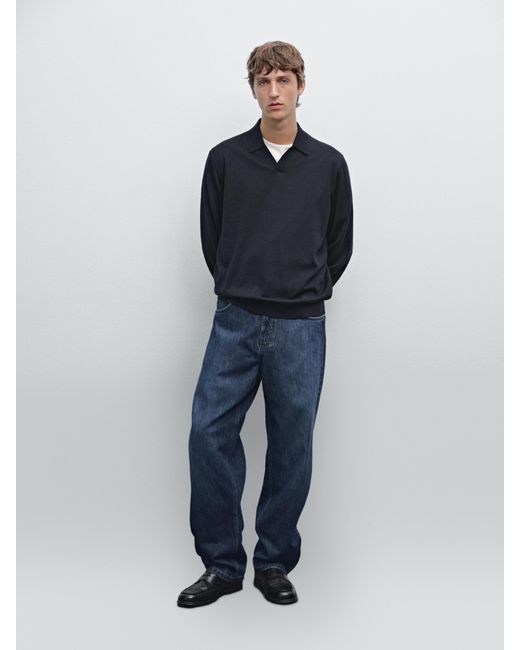 MASSIMO DUTTI Blue 100% Merino Wool Knit Polo Sweater for men
