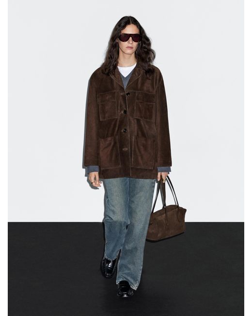 MASSIMO DUTTI Brown Split Suede Leather Jacket With Pockets