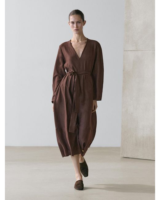 MASSIMO DUTTI Brown Flowing Linen Midi Dress With Belt
