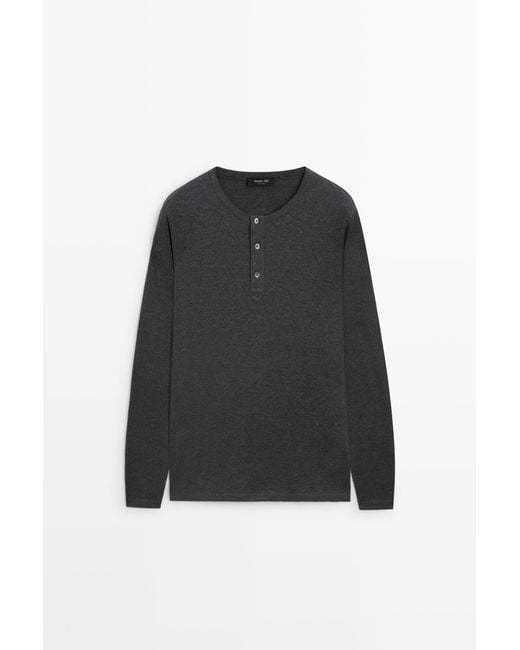 MASSIMO DUTTI Black 100% Cotton Long Sleeve Henley T-Shirt for men
