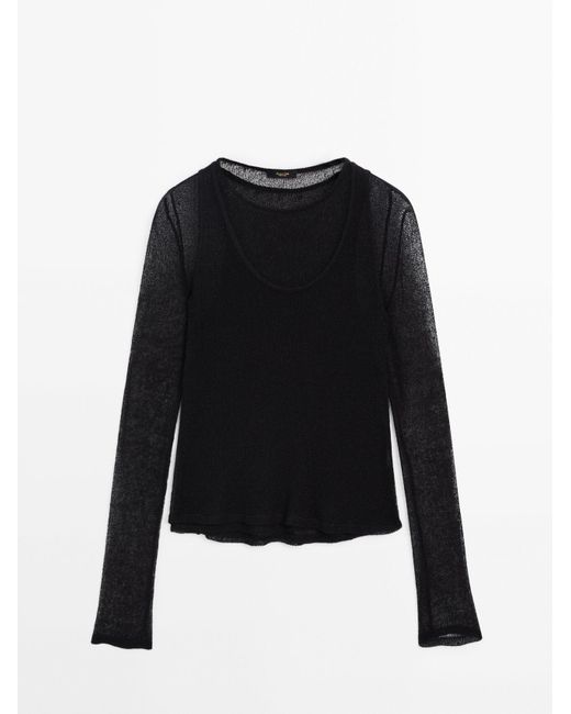 MASSIMO DUTTI Black Textured Cotton Blend Double-Layer Top