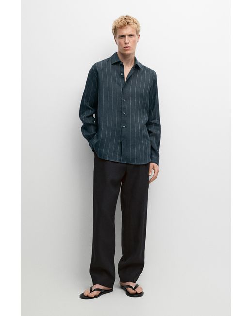 MASSIMO DUTTI Blue 100% Linen Regular Fit Striped Shirt for men