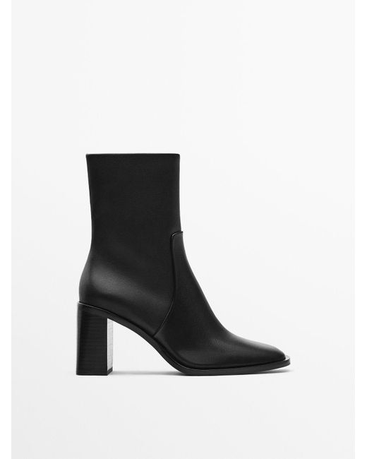 MASSIMO DUTTI Black Leather Ankle Boots With Block Heels
