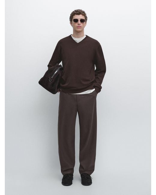 MASSIMO DUTTI Brown Cotton Blend V-Neck Knit Sweater for men