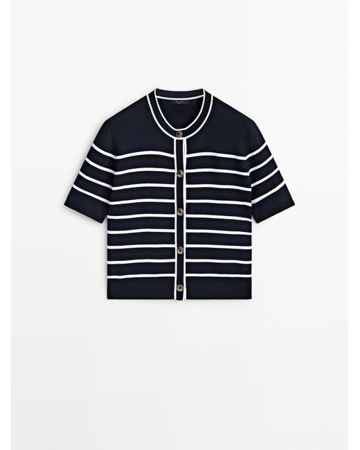 MASSIMO DUTTI Blue Striped Short Sleeve Knit Cardigan
