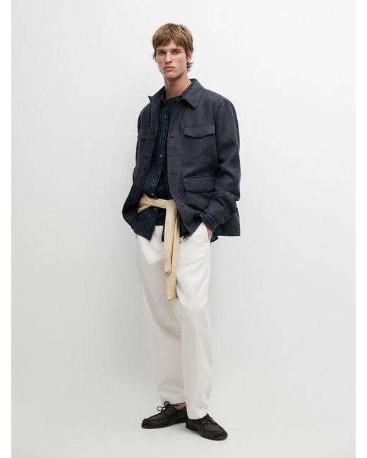 MASSIMO DUTTI Blue Lightweight Linen Jacket With Pockets for men