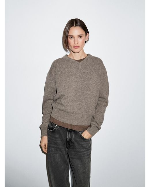 Jersey Punto Cuello Pico 100% Lana MASSIMO DUTTI de color Gray