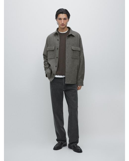 MASSIMO DUTTI Gray Wool Blend Overshirt With Pockets for men
