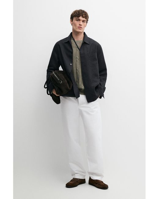 MASSIMO DUTTI Black Cotton Linen Poplin Barrel Fit Pants for men