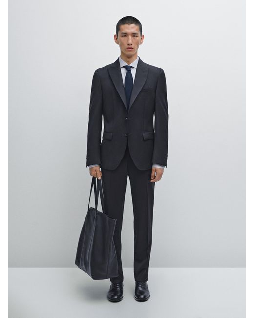 MASSIMO DUTTI Blue Plain Wool Suit Trousers for men