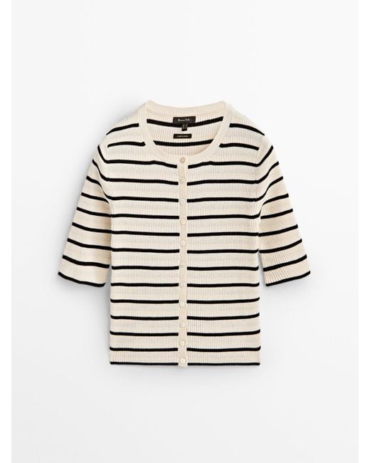 MASSIMO DUTTI Striped Short Sleeve Sweater With Buttons in Natural Lyst