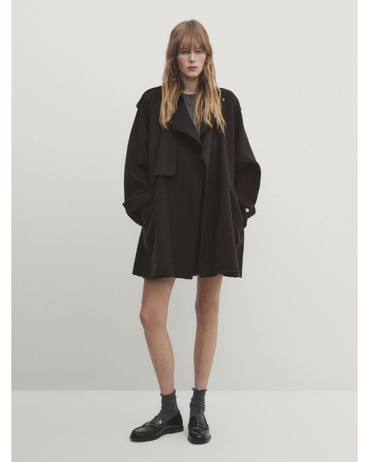 MASSIMO DUTTI Black Trench-Effect Wool Blend Coat