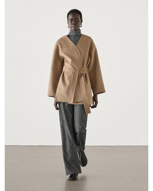 MASSIMO DUTTI Natural Wool Coat With Belt