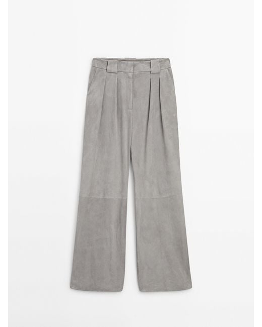 MASSIMO DUTTI Gray Suede Leather Wide-Leg Darted Trousers