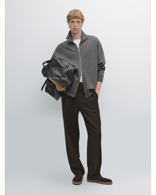 MASSIMO DUTTI Gray Cotton And Wool Blend Zip-Up Cardigan for men