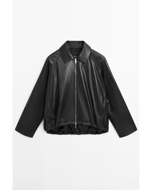MASSIMO DUTTI Oversize Nappa Leather Jacket in het Black