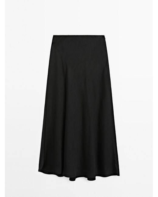 MASSIMO DUTTI Soepelvallende Satijnen Halflange Rok in het Black