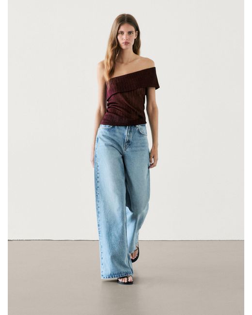 MASSIMO DUTTI Blue Semi-Sheer Ribbed Top With An Asymmetric Neckline