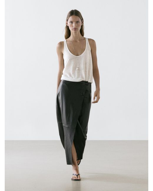 MASSIMO DUTTI White Nappa Leather Midi Skirt With Seam Details