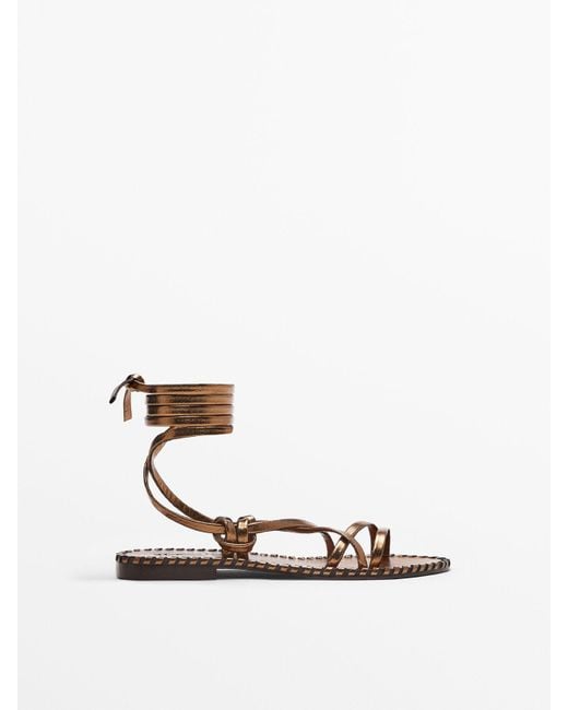 MASSIMO DUTTI Tied Leather Flat Sandals | Lyst