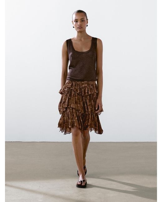 MASSIMO DUTTI Brown Ruffled Floral Print Skirt