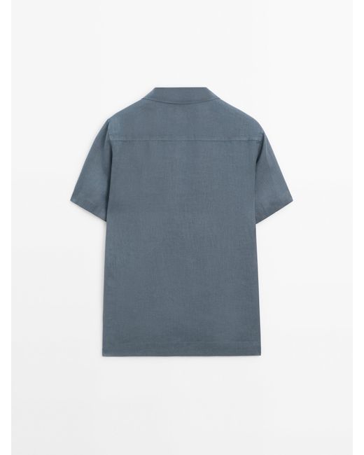 MASSIMO DUTTI Blue Slim Fit Short Sleeve Linen Shirt for men