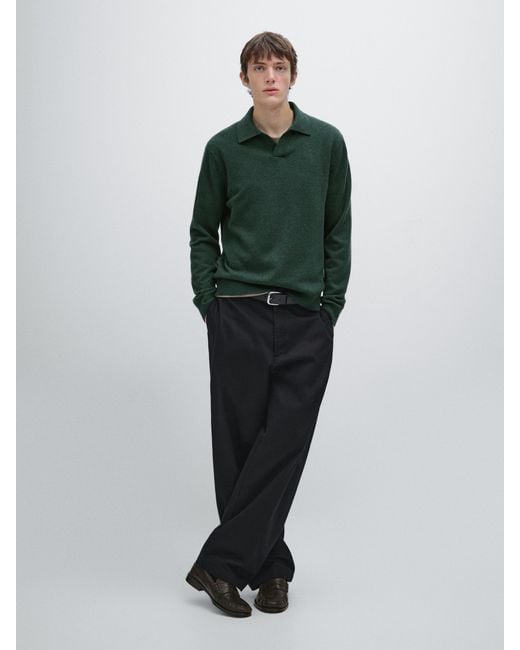 Jersey Polo Punto Cuello Pico 100% Lana MASSIMO DUTTI de hombre de color Green