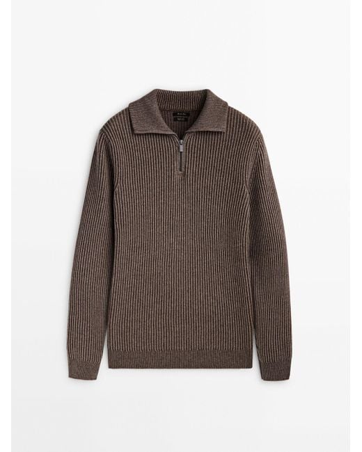 MASSIMO DUTTI Brown Pleated Knit Mock Neck Sweater With Zip for men