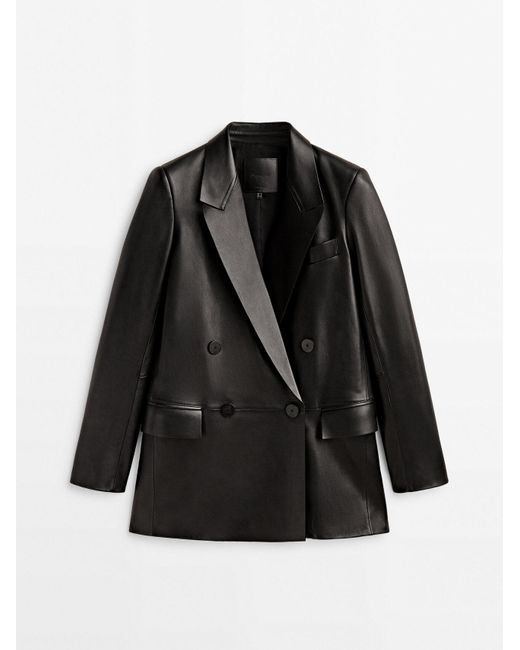 MASSIMO DUTTI Double-breasted Nappa Leather Blazer in Black | Lyst