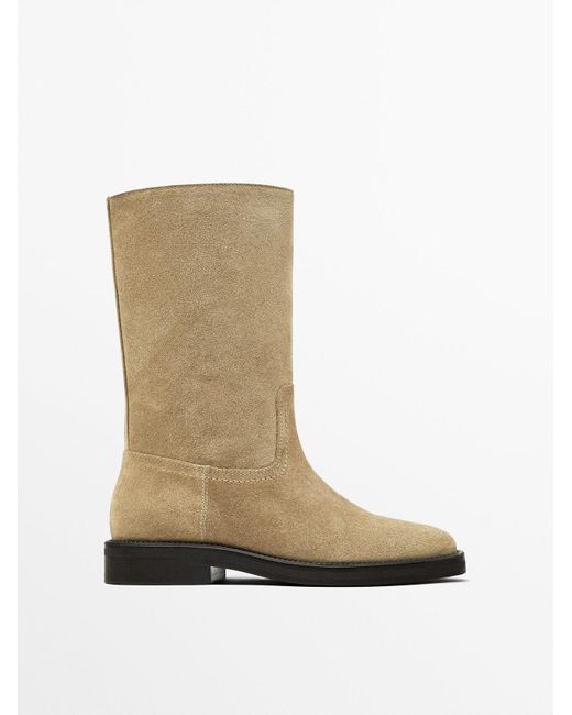 MASSIMO DUTTI White Flat Split Suede Ankle Boots
