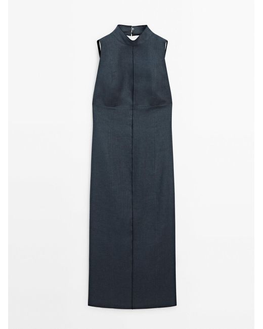 MASSIMO DUTTI Blue Halter Midi Dress With Gathered Detail