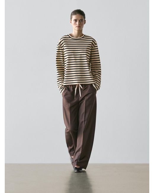 MASSIMO DUTTI Brown Contrast Drawstring Trousers With Wool