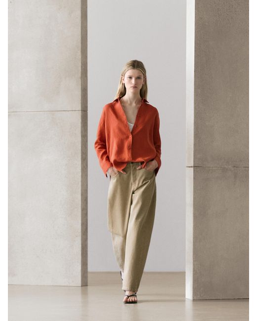 MASSIMO DUTTI Orange Flowing 100% Linen Shirt