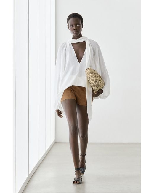 MASSIMO DUTTI White Flowing V-Neck Blouse With Tie