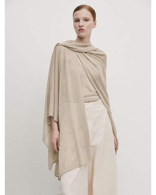MASSIMO DUTTI Natural Asymmetric Knit Linen Blend Cape