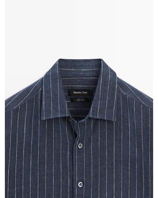 MASSIMO DUTTI Blue 100% Linen Striped Shirt for men