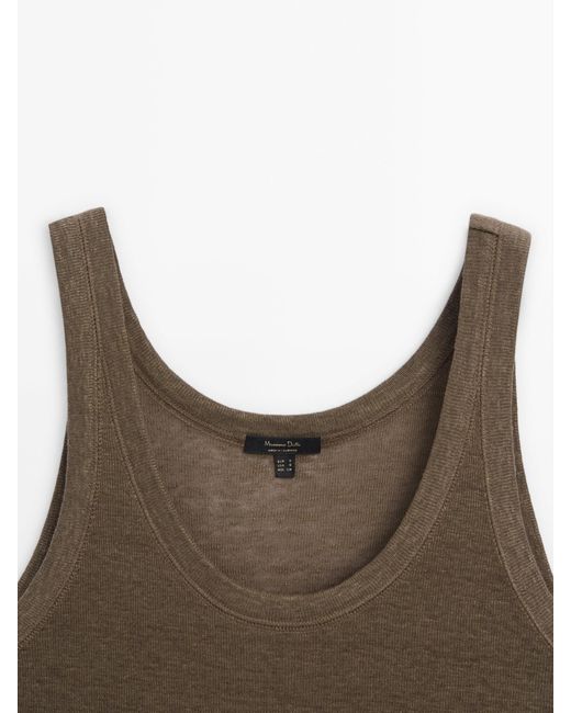 MASSIMO DUTTI Brown 100% Linen Halter Top With Ribbed Detail