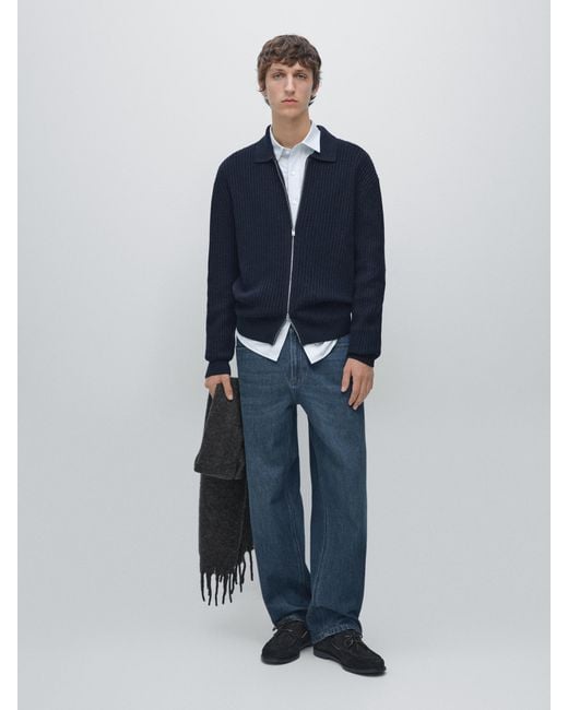MASSIMO DUTTI Blue Ribbed Knit Cotton And Wool Cardigan With Zip for men