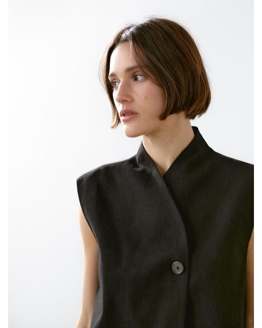 MASSIMO DUTTI Black Linen Blend High Neck Waistcoat