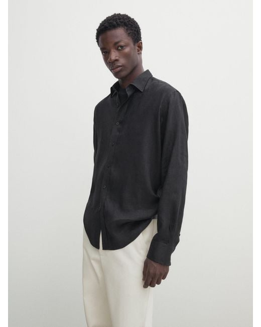 MASSIMO DUTTI Black 100% Linen Regular Fit Shirt for men