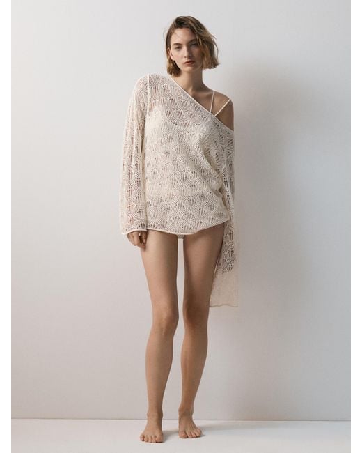 MASSIMO DUTTI Natural Boat Neck Sweater With Openwork Detail