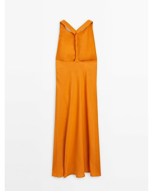 MASSIMO DUTTI Orange Linen Blend Midi Dress With Twisted Back Detail