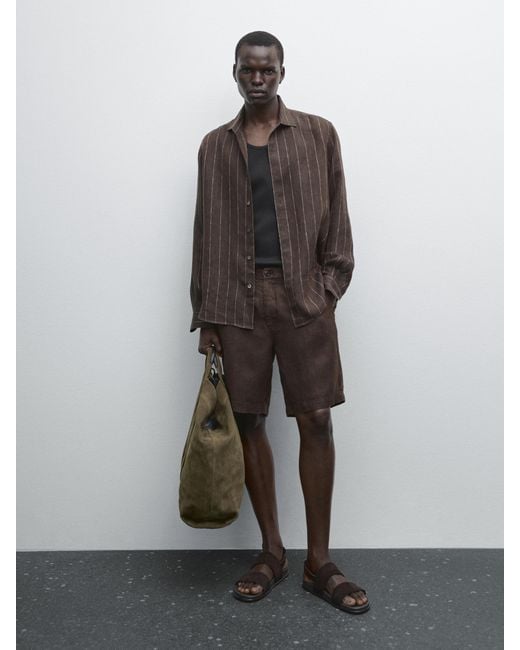 MASSIMO DUTTI Brown Linen Bermuda Shorts for men