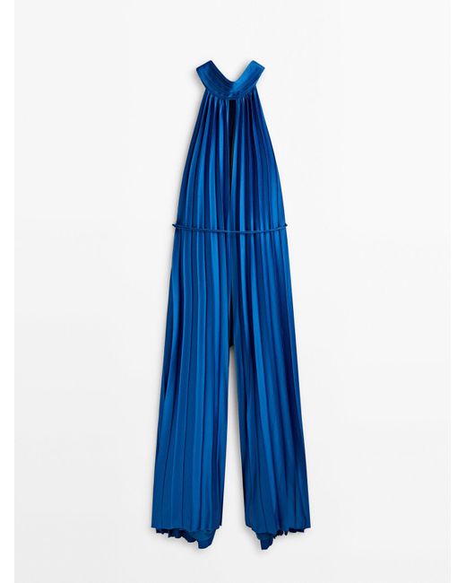 MASSIMO DUTTI Blue Pleated Halter Jumpsuit With Tied Back - Studio