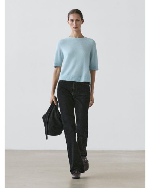 MASSIMO DUTTI Blue Alpaca Blend Knit Short Sleeve Sweater