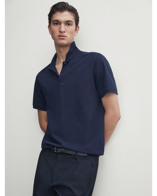 MASSIMO DUTTI Blue Piqué 100% Cotton Polo Shirt for men