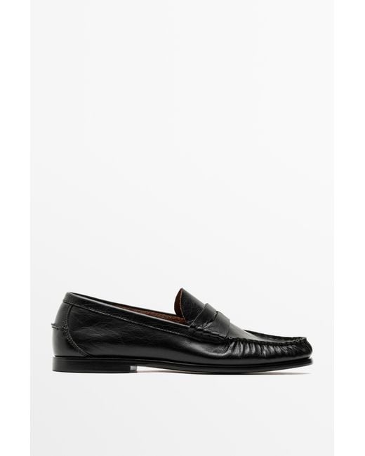 MASSIMO DUTTI Black Shirred Soft Leather Loafer for men