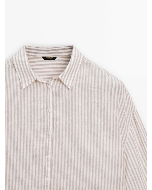 MASSIMO DUTTI White 100% Linen Cropped Striped Shirt